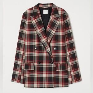 H&M Double Breasted Blazer Women 4 Red Black Tartan Plaid Oversize Career Preppy